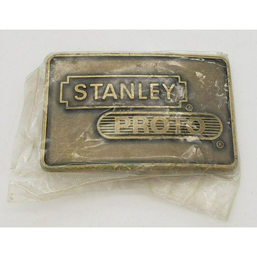 Vintage Brass Belt Buckle Rectangle, STANLEY PROTO Made In USA, Original Plastic